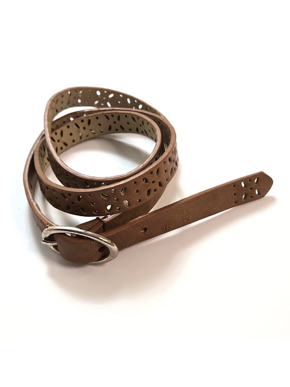 Brown Die-Cut Faux Leather Belt size M Silver Buckle